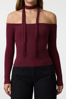 Bordo Fitilli Carmen Yaka Sal Detayl? Fitted/Vucuda Oturan Crop Esnek Orme Bluz TWOAW24BZ00354