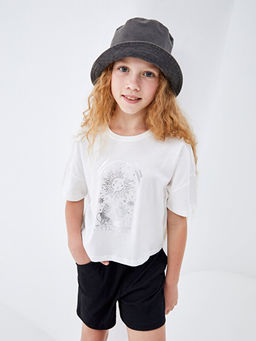 Bisiklet Yaka Bask?l? K?sa Kollu K?z ?ocuk Crop Ti??rt - Waikiki фото 4