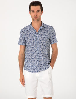 Lacivert Regular Fit Keten Kar___ml_ Desenli K_sa Kollu G_mlek
