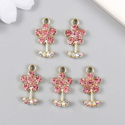 Цена за 5 шт. Декор для творчества металл, стразы Цветочек розовый с листиками, золото 1.1?2 см