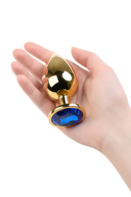 Анальная втулка Metal by TOYFA, металл, золотая, с синим кристаллом, 9,5 см, 4 см, 145 г  фото 6