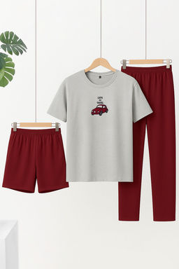 TRENDYOL MAN Gri - Bordo Regular Fit Nak?sl? Orme 3 lu Pijama Tak?m? TMNAW25PT00024