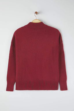 Bordo Genis Kal?p Yumusak Dokulu Dik Yaka Triko Kazak TWOAW23KZ00469