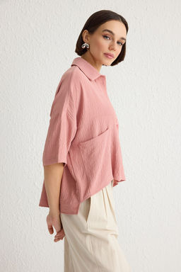 Ac?k Pembe Oversize/Genis Kal?p Fakir Kol Dokuma Gomlek TWOSS20GO0381