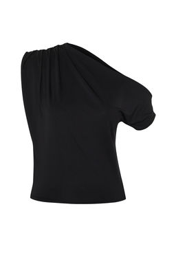Siyah Regular/Normal Kal?p Asimetrik Yaka S?f?r Kol C?tc?tl? Esnek Orme Bluz TWOSS24BZ00396
