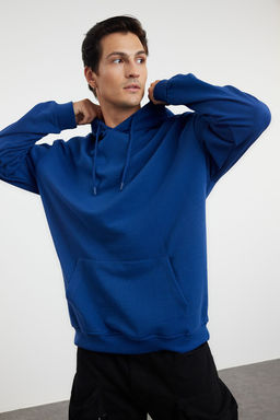 Lacivert Oversize/Genis Kesim Kapusonlu Ici Polar/S?cak Tutan Sweatshirt TMNAW23SW00195