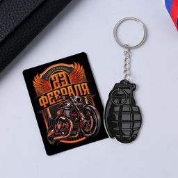 Цена за 2 шт. Магнит и брелок на 23 Февраля Мотоцикл, подарочный набор : 2 предмета - Сима-ленд фото 2
