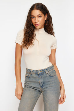 Tas Fermuarl? Dik Yaka Fermuarl? K?sa Kollu Esnek C?tc?tl? Orme Body TWOAW21BD0009