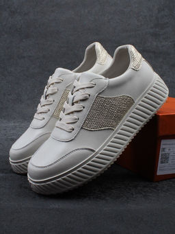 03-A1018-2 LT. BEIGE/GOLD Кроссовки женские (натуральная кожа)