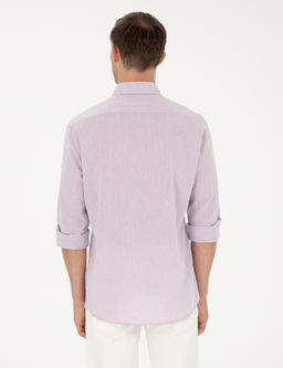 Рубашка приталенного кроя из смесового льна сиреневого цвета с длинным рукавом - Cacharel фото 12
