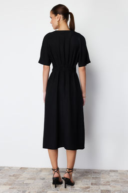 Siyah Baglama Detayl? A Kesim V Yaka Midi Dokuma Elbise TWOSS23EL01543