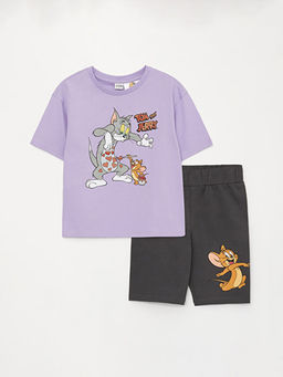 Bisiklet Yaka Tom ve Jerry Bask?l? K?sa Kollu K?z ?ocuk Ti??rt ve Tayt