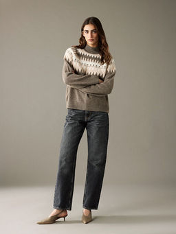 Yar?m Bal?k?? Yaka Desenli Kad?n Triko Kazak