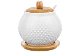 Сахарница 620 мл 11*11*12 см Ромбики + ложка + дер. крышка на дер. подставке