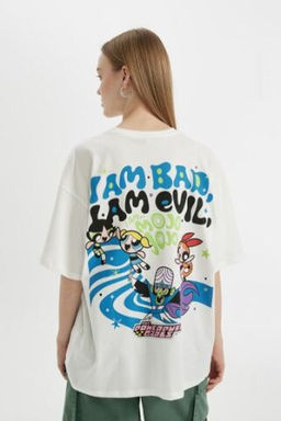 Coool PowerPuff Girls Oversize Genis Kal?p Bisiklet Yaka Bask?l? K?sa Kollu Tisort