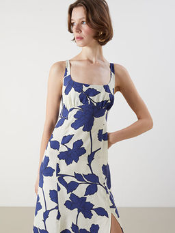 U Yaka ?i?ekli Ask?l? Elbise