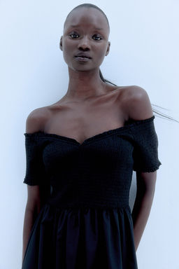 Vestido off-the-shoulder con cuerpo nido de abeja - H&m фото 3