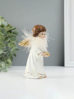 Фигурка полистоун «Ангелочек со звёздами в ладонях», пух, золотые крылья, 8.5×7×13 см