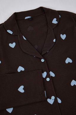 Kahverengi-Mavi %100 Pamuklu Kalp Desenli Orme Pijama Tak?m? THMAW21PT0548