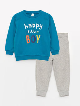 Bisiklet Yaka Uzun Bask?l? Erkek Bebek Sweatshirt ve Pantolon 2li Tak?m
