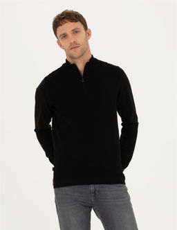 Siyah Slim Fit Fermuarl_ Dik Yaka Triko Kazak