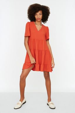 Kiremit Genis Kesim V Yaka Mini Dokuma Elbise TWOSS20EL0400