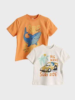 Bisiklet Yaka Bask?l? Erkek ?ocuk Ti??rt 2li