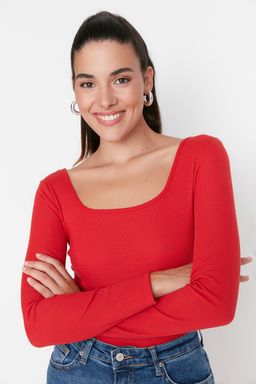 TRENDYOLMILLA Siyah Kare Yaka Uzun Kollu Fitilli Esnek C?tc?tl? Orme Body TWOAW21BD0022  фото 4