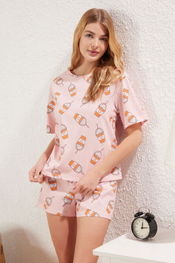 Pembe %100 Pamuklu Eglence Bask?l? Sortlu Orme Pijama Tak?m? THMSS25PT00176