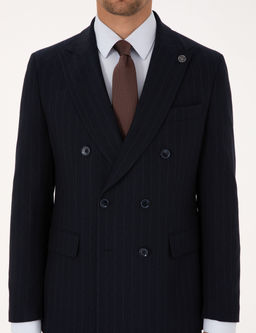 Lacivert Extra Slim Fit _izgili Kruvaze Tak_m Elbise