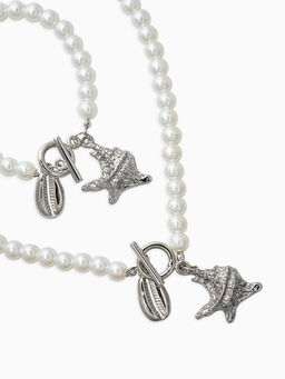 Набор 2 пред-та: бусы.браслет "Жемчуг", ракушка, цвет белый в серебре L=18/42см №8