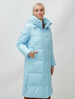Пальто утепленное стеганное зимнее с капюшоном женское голубого цвета 9601Gl