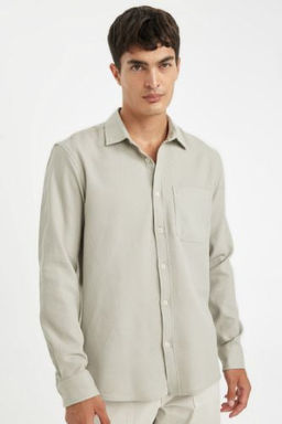 Gri Regular Fit Polo Yaka Basic Duz Pamuklu Uzun Kollu Gomlek