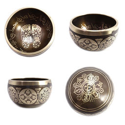 Чаша поющая с золотыми символами Стопы 5 металлов от 420гр до 600гр 6,5см-11,5см