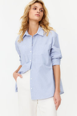 Lacivert Cizgili Oversize Genis Kal?p Dokuma Gomlek TWOAW23GO00359