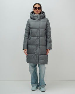 Пальто зимнее утепленное с капюшоном женское темно-серого цвета 7618TC