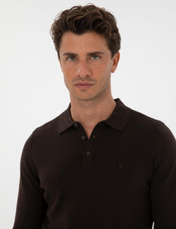Koyu Kahverengi Slim Fit Polo Yaka Basic Triko Kazak - Pierre cardin фото 2