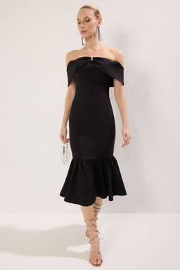 Siyah A-Kesim Carmen Yaka Fiyonklu Dokuma Midi S?k Abiye Gece Mezuiyet Elbisesi TPRSS25EL00213