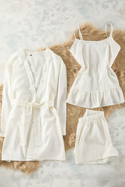 Trendyolmilla Ekru 3lu %100 Pamuklu F?rf?rl? ve Serit Aksesuarl? Sortlu Dokuma Pijama Tak?m? THMSS25PT00054 фото 8