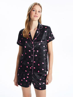 G?mlek Yaka Desenli Kad?n ?ortlu Pijama Tak?m?