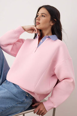 Pembe Dokuma Garni Detayl? Oversize Kal?p Polo Yaka Kal?n Polarl? Orme Sweatshirt TWOAW26SW00116
