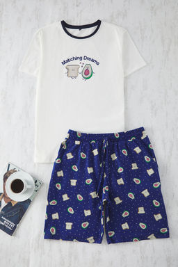 TRENDYOL MAN Ekru - Lacivert Regular Fit Bask?l? Couple/Cift Orme Sortlu Erkek Pijama Tak?m? TMNSS25PT00051 - Trendyolmilla фото 3