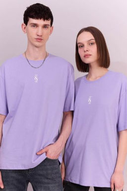 Oversize Genis Kal?p Bisiklet Yaka S?rt Bask?l? K?sa Kollu Tisort