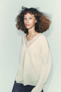 WOOL BLEND LACE KNIT SWEATER
