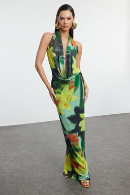 TRENDYOLMILLA Cok Renkli Cicek Desenli Orme Tul Uzun Gece Abiye Elbise TPRSS24AE00261 фото 5