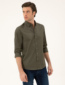 Рубашка приталенного кроя цвета хаки из смесового хлопка