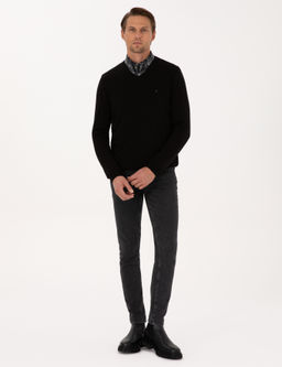 Siyah Slim Fit V Yaka Basic Triko Kazak - Pierre cardin фото 4