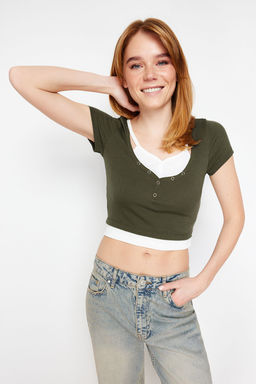 Trendyolmilla Haki Cift Kat Detayl? Fitted/Vucudu SaranFitilli Esnek Orme Bluz TWOSS24BZ00102  фото 10