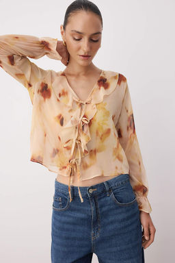 Sar?-Cok Renkli Sifon Transparan F?rf?rl? Desenli Dokuma Bluz TWOAW26BZ00094