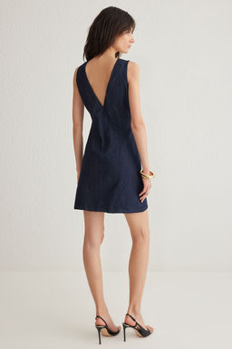 Koyu Mavi V Yaka Mini Denim Elbise TWOSS25EL00151